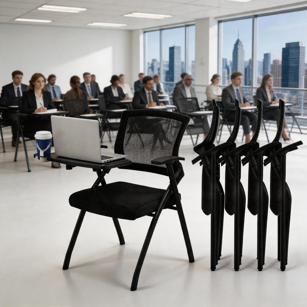 50 Pcs, Folding Training Chairs with Desk Attached, Mobile Office Meeting Chair with Writing Tablet and Cup Holder, Space-Saving Nesting Conference Chair for Classroom, Seminar