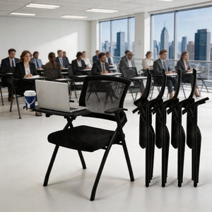 50 Pcs, Folding Training Chairs with Desk Attached, Mobile Office Meeting Chair with Writing Tablet and Cup Holder, Space-Saving Nesting Conference Chair for Classroom, Seminar