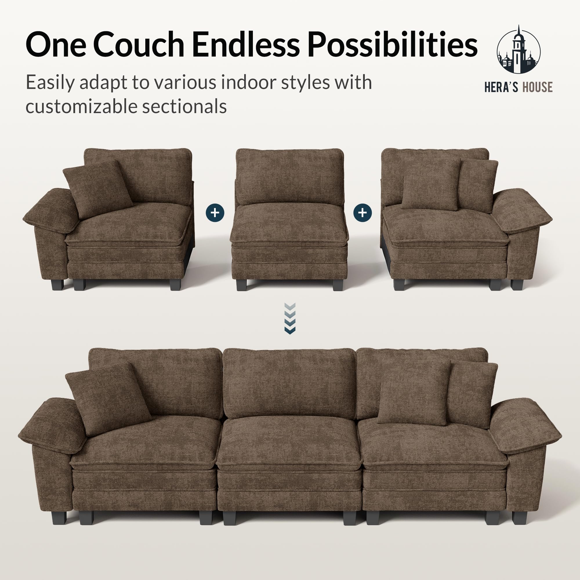 158" Modular Sectional Sofa, Oversized L Shaped Couches for Living Room, Comfy Cloud Couch with Ottoman, 5-Seater Deep Seat Sofa with Throw Pillow, Chenille Taupe