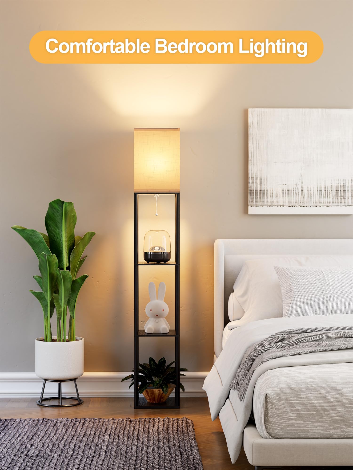 Floor Lamp with Shelves for Living Room, Shelf Floor Lamp with 3 CCT LED Bulb, Corner Display Standing Column Lamp Etagere Organizer Tower Nightstand with White Linen Shade for Bedroom, Office