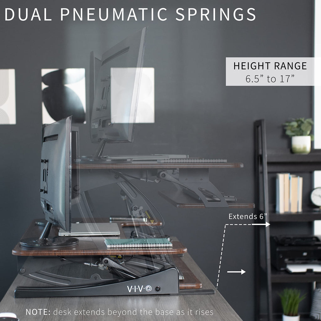 36 inch Height Adjustable Stand Up Desk Converter, V Series, Quick Sit to Stand Tabletop Dual Monitor Riser Workstation, Dark Walnut Top, Black Frame, DESK-V000VD