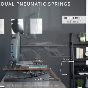 36 inch Height Adjustable Stand Up Desk Converter, V Series, Quick Sit to Stand Tabletop Dual Monitor Riser Workstation, Dark Walnut Top, Black Frame, DESK-V000VD