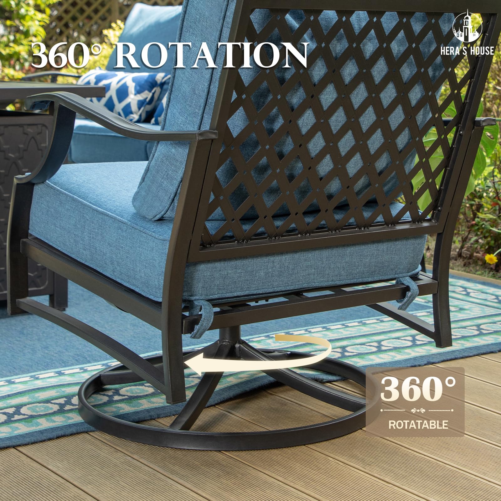 5 Piece Patio Furniture Set, 2 x Swivel Chair, 2 x Ottoman, 1 x 3-Seat Sofa, All Cushioned 7 Seats Metal Outdoor Conversation Set for Lawn Garden Backyard