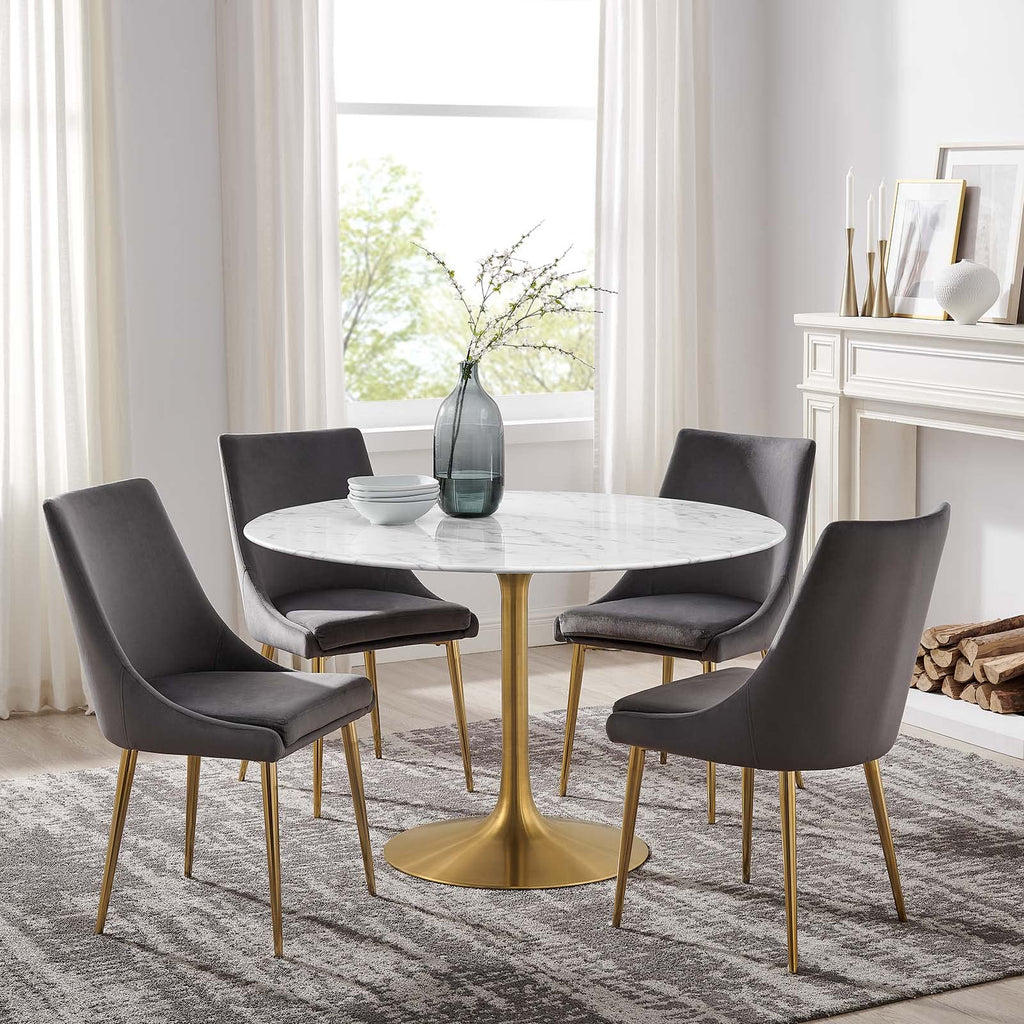47" Mid-Century Dining Table with Round Artificial Marble Top in Gold White