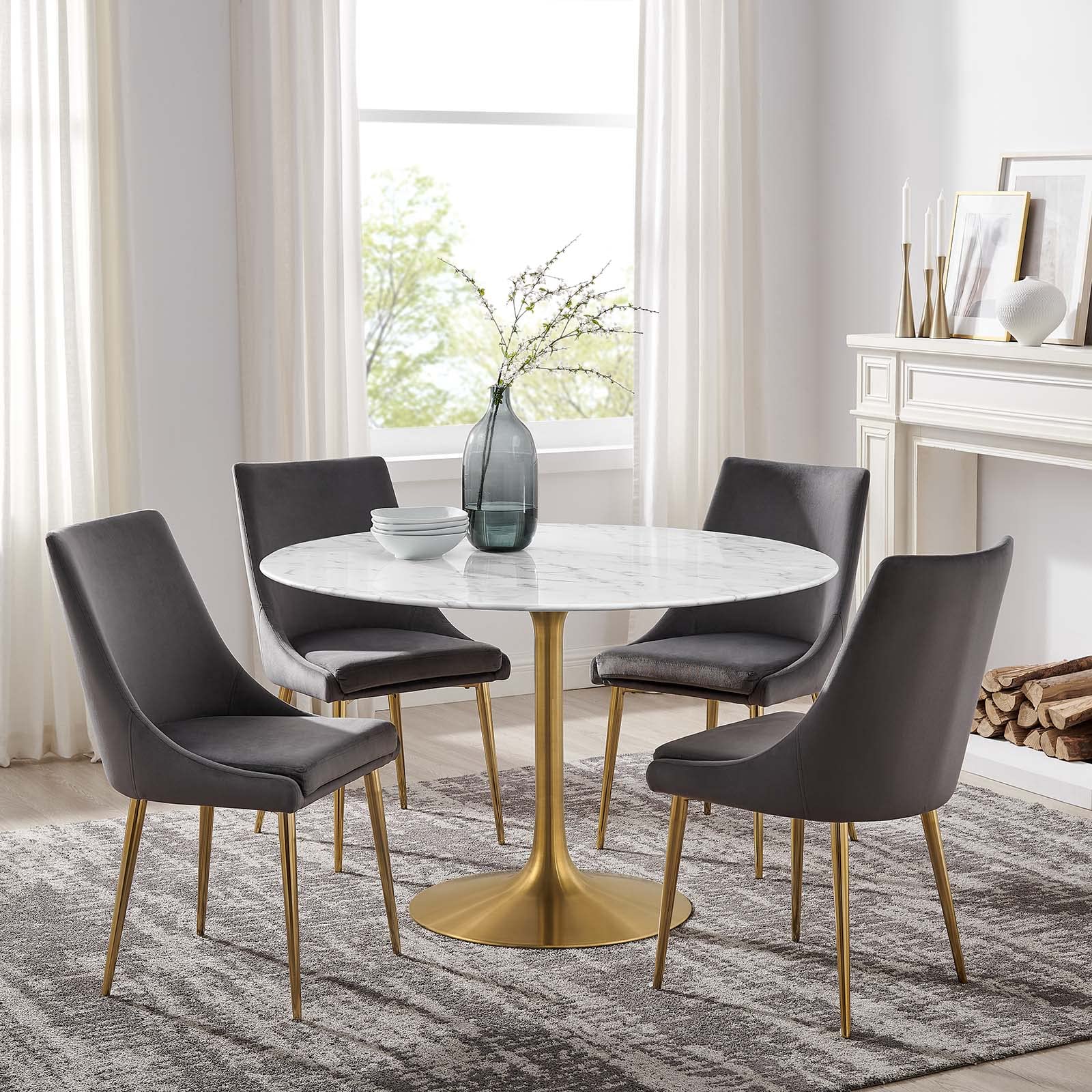 47" Mid-Century Dining Table with Round Artificial Marble Top in Gold White
