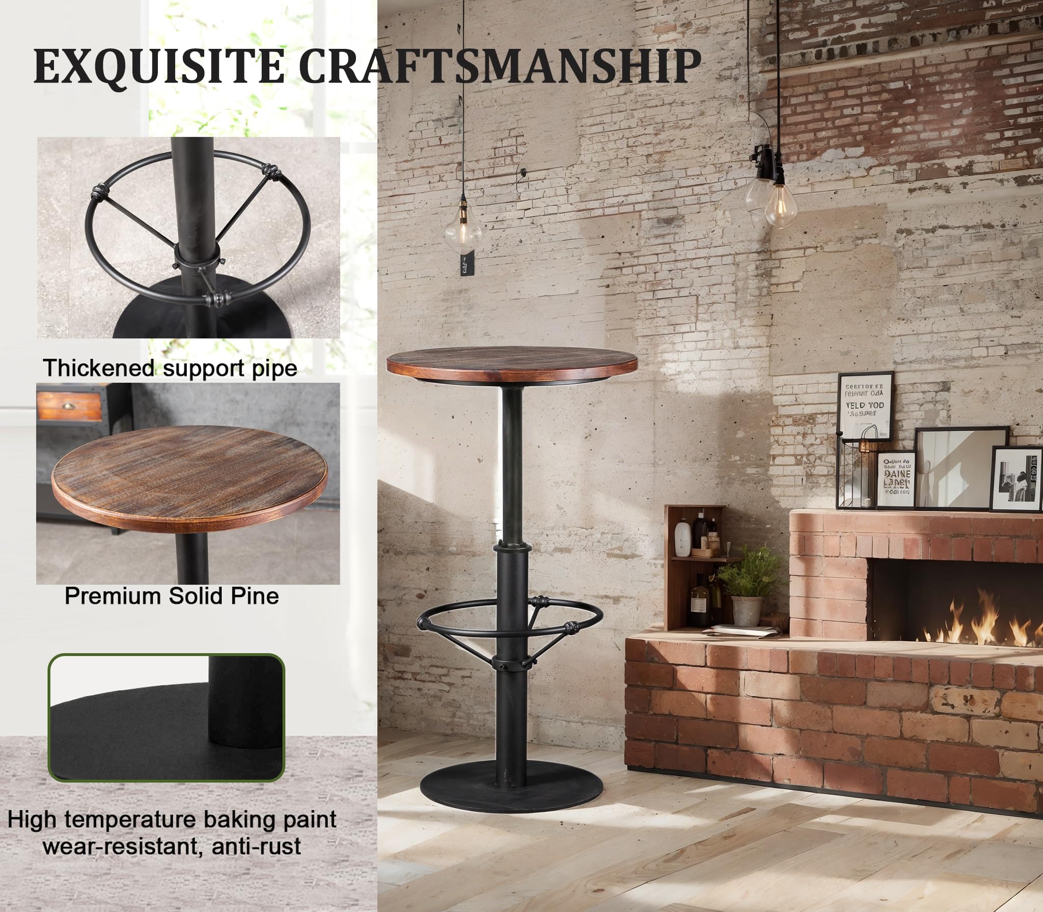 42" Tall Rustic Industrial Bar Table-19.68" Dia Round Wooden Top Metal Bar Height Adjustable Standing Pub Table-Dining Room Bistro Table-Cocktail Table