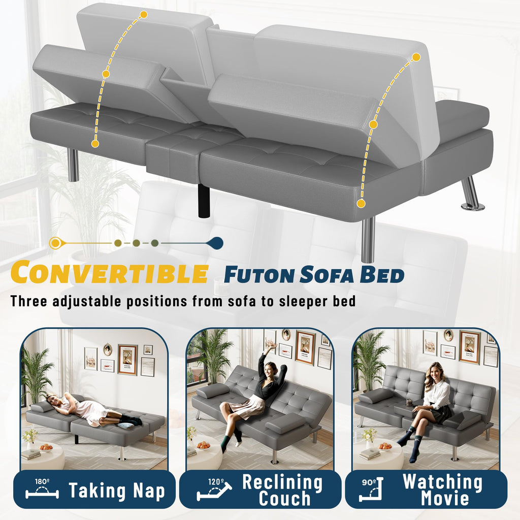Sofa Bed Adjustable Futon Couch Sleeper Sofa Bed for Living Room, Business Office, Recliner Sofas with Cup Holders (PU Leather, Gray)