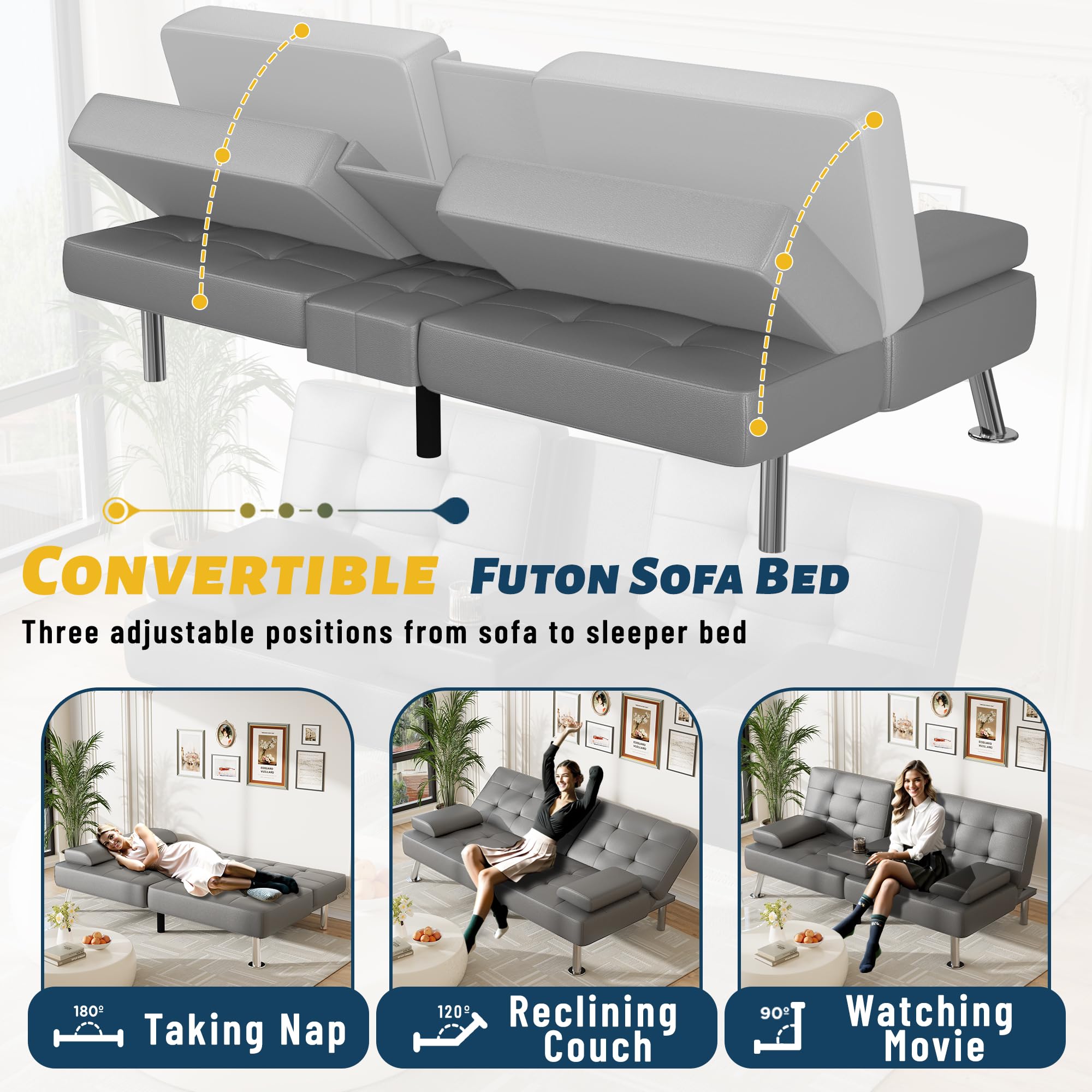 Sofa Bed Adjustable Futon Couch Sleeper Sofa Bed for Living Room, Business Office, Recliner Sofas with Cup Holders (PU Leather, Gray)