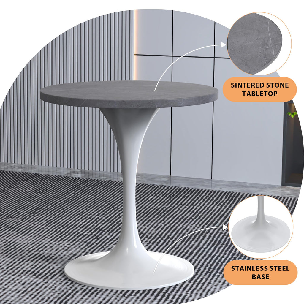 Mid-Century Modern Dining Table with a 27" Round Sintered Stone Tabletop and White Stainless Steel Pedestal Base for Kitchen and Dining Room (Grey)