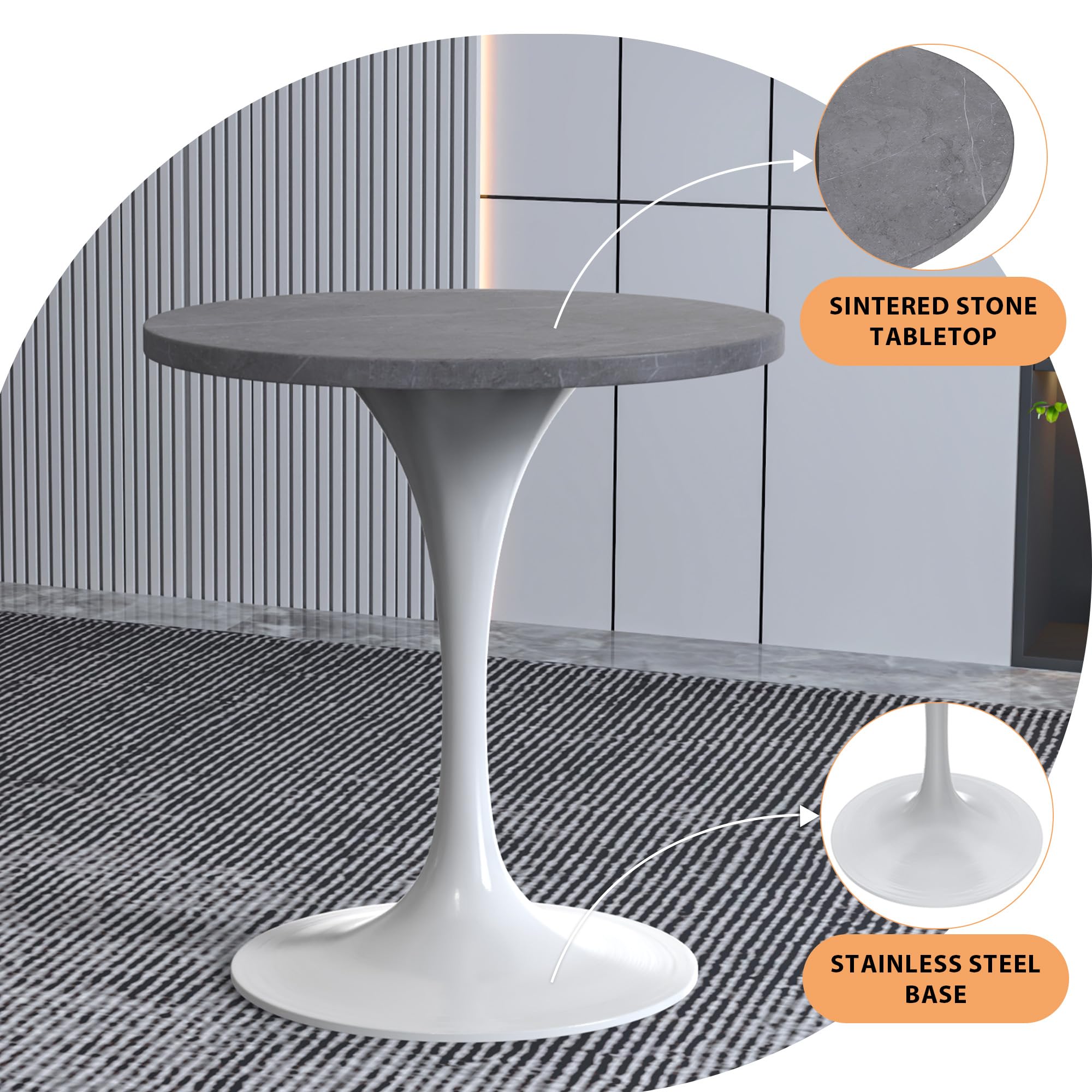 Mid-Century Modern Dining Table with a 27" Round Sintered Stone Tabletop and White Stainless Steel Pedestal Base for Kitchen and Dining Room (Grey)