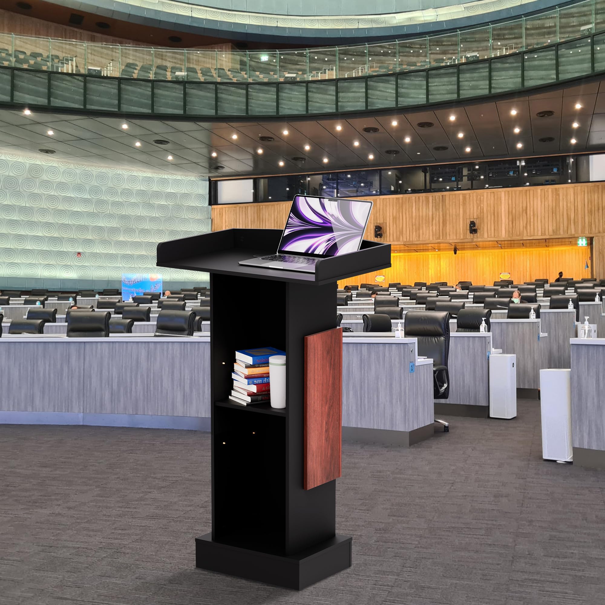 Wood Podium,Lectern Stand,12MM Particle Board,Podium with Storage,Mic Stand Space,Easy Installation Wooden Stand for Restaurants,Churches,Seminars and Schools