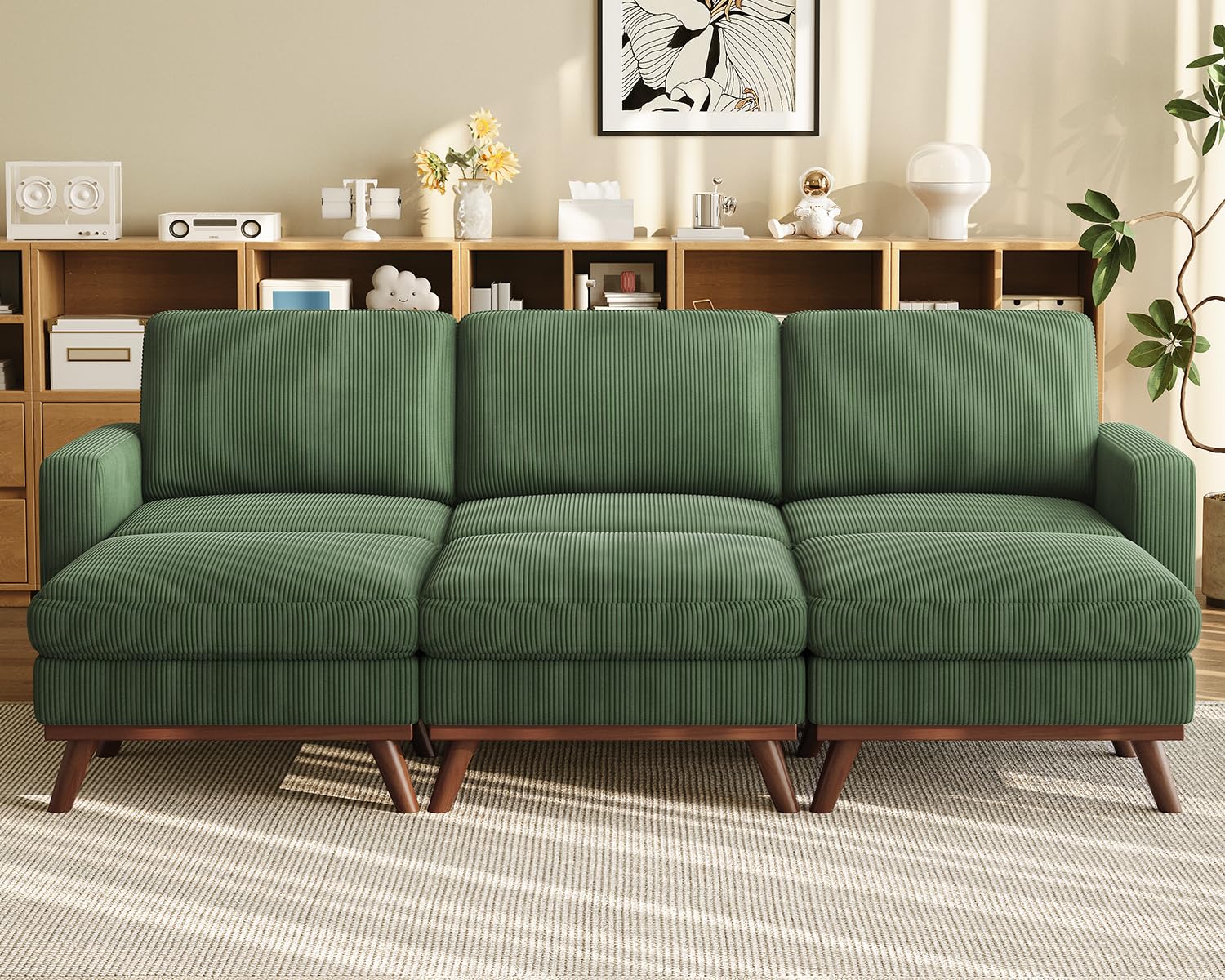 97" Modular Sectional Sofa Green, Sectional Couch with Movable Ottoman, Comfy Corduroy Couch with Spring Cushion, Modular Sofa with Deep Seat for Living Room, Bedroom and Apartment
