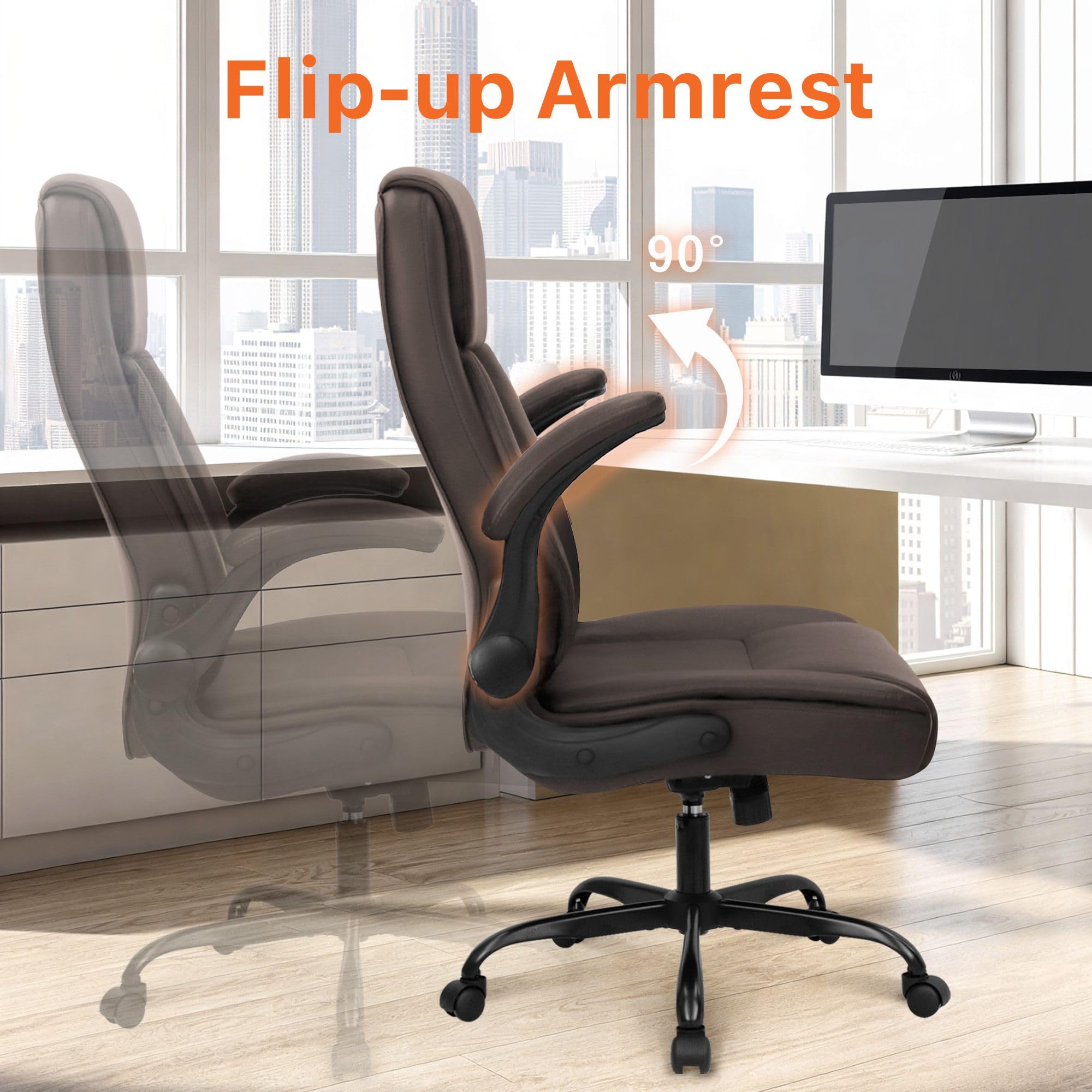 Office Desk Gaming Computer Home Chair Ergonomic Executive High Back Support Flip-up Arms Adjustable Height Swivel Rolling Wheels Comfy PU Leather (Brown)