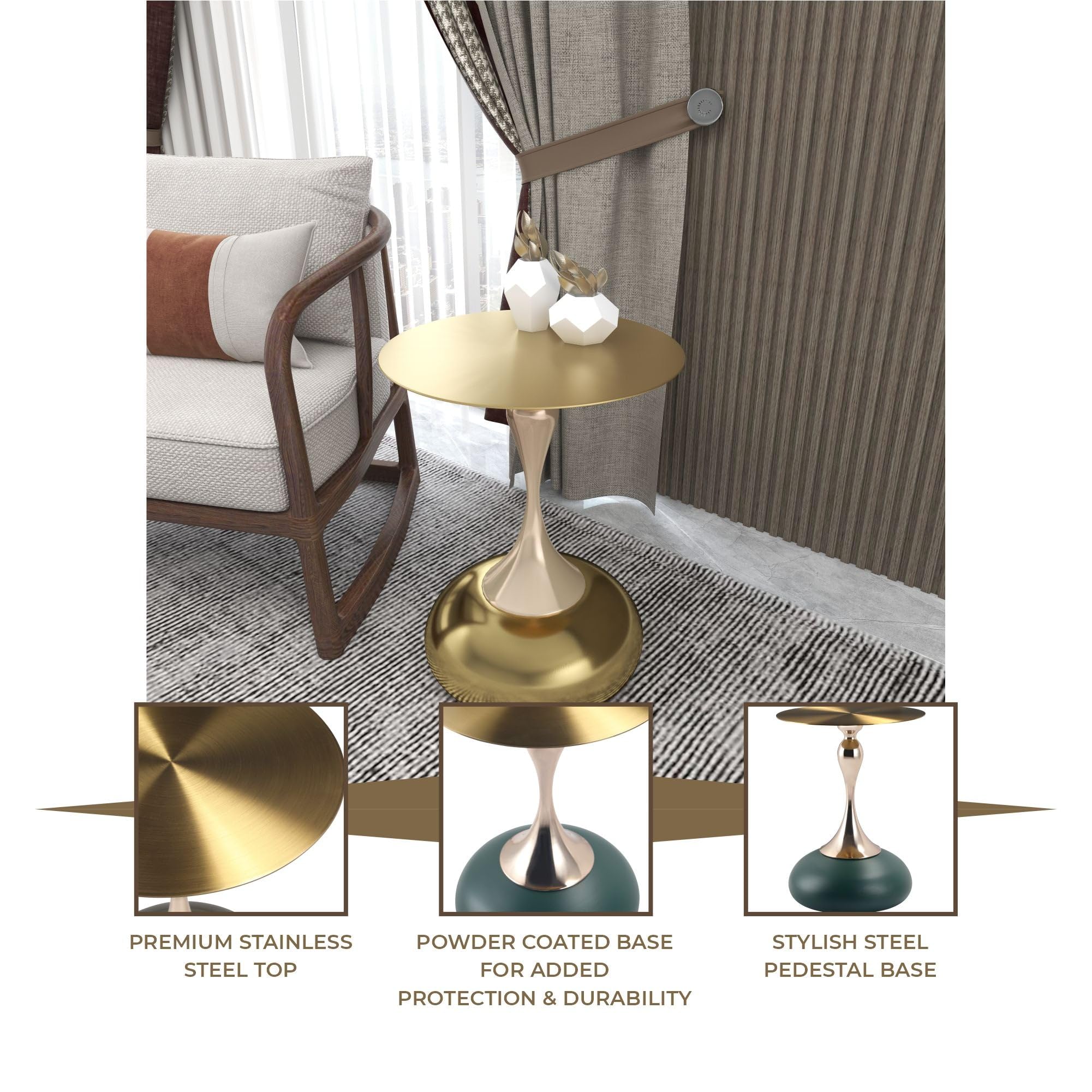 Modern Round Side Table with Gold Stainless Steel Top, Gold Pedestal Stem & Glossy Base, Accent End Table for Living Room, Bedroom, or Small Spaces, 17.7" × 21.6", Shiny Gold