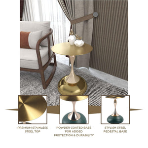 Modern Round Side Table with Gold Stainless Steel Top, Gold Pedestal Stem & Glossy Base, Accent End Table for Living Room, Bedroom, or Small Spaces, 17.7