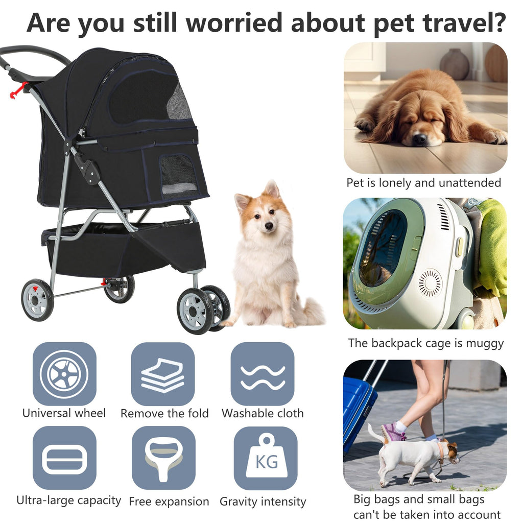 Pet Stroller 3-Wheel Durable Foldable Cat Dog Stroller with Washable Liner Storage Basket Cup Holder,Black