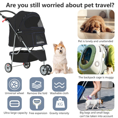 Pet Stroller 3-Wheel Durable Foldable Cat Dog Stroller with Washable Liner Storage Basket Cup Holder,Black