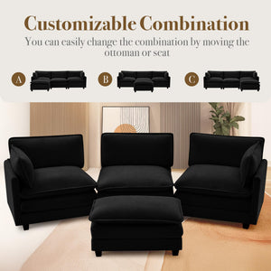 112'' Modular Sectional Cloud Couch with Movable Ottoman, 4 Seat Modern Chenille Sofa with 2 Throw Pillows, Deep Seat L Shaped Couch for Living Room Bedroom Apartment, Black