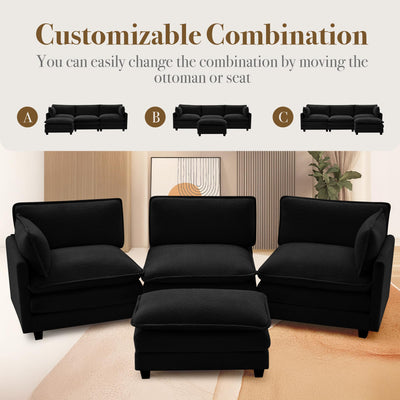 112'' Modular Sectional Cloud Couch with Movable Ottoman, 4 Seat Modern Chenille Sofa with 2 Throw Pillows, Deep Seat L Shaped Couch for Living Room Bedroom Apartment, Black