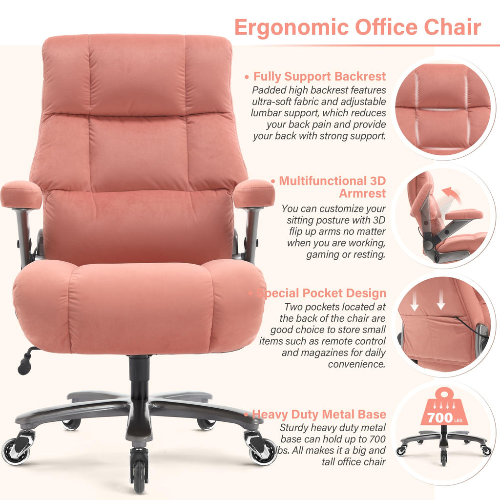 Big and Tall Office Chair 700lbs- Executive Desk Chair with Adjustable Lumbar Support 3D Flip UP Arms- Heavy Duty Quiet Wheels Metal Base Ergonomic Computer Chairs, Pink