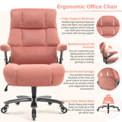 Big and Tall Office Chair 700lbs- Executive Desk Chair with Adjustable Lumbar Support 3D Flip UP Arms- Heavy Duty Quiet Wheels Metal Base Ergonomic Computer Chairs, Pink