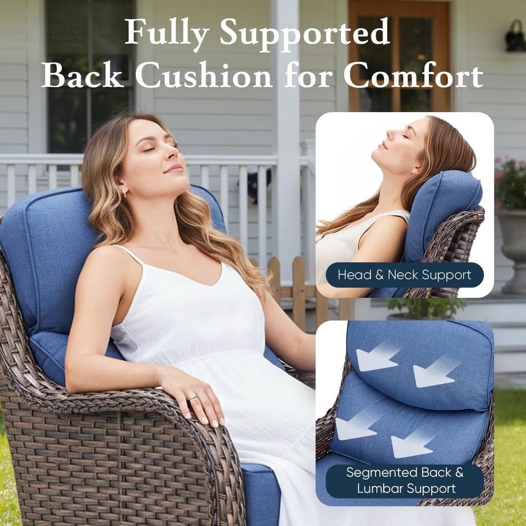 Luxury 6" Thick Cushioned 10 Pieces Patio Furniture Set with Fire Pit Table, Wicker Outdoor Conversation Set with High Back Swivel Rocker Chairs for Deck Porch Yard and Poolside - Brown+Blue
