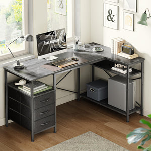 L Shaped Office Desk with Power Outlets, 47 Inch Computer Desk with 3 Drawers, Shelves, for Gaming, Corner Work, Home Office, Study, Grey