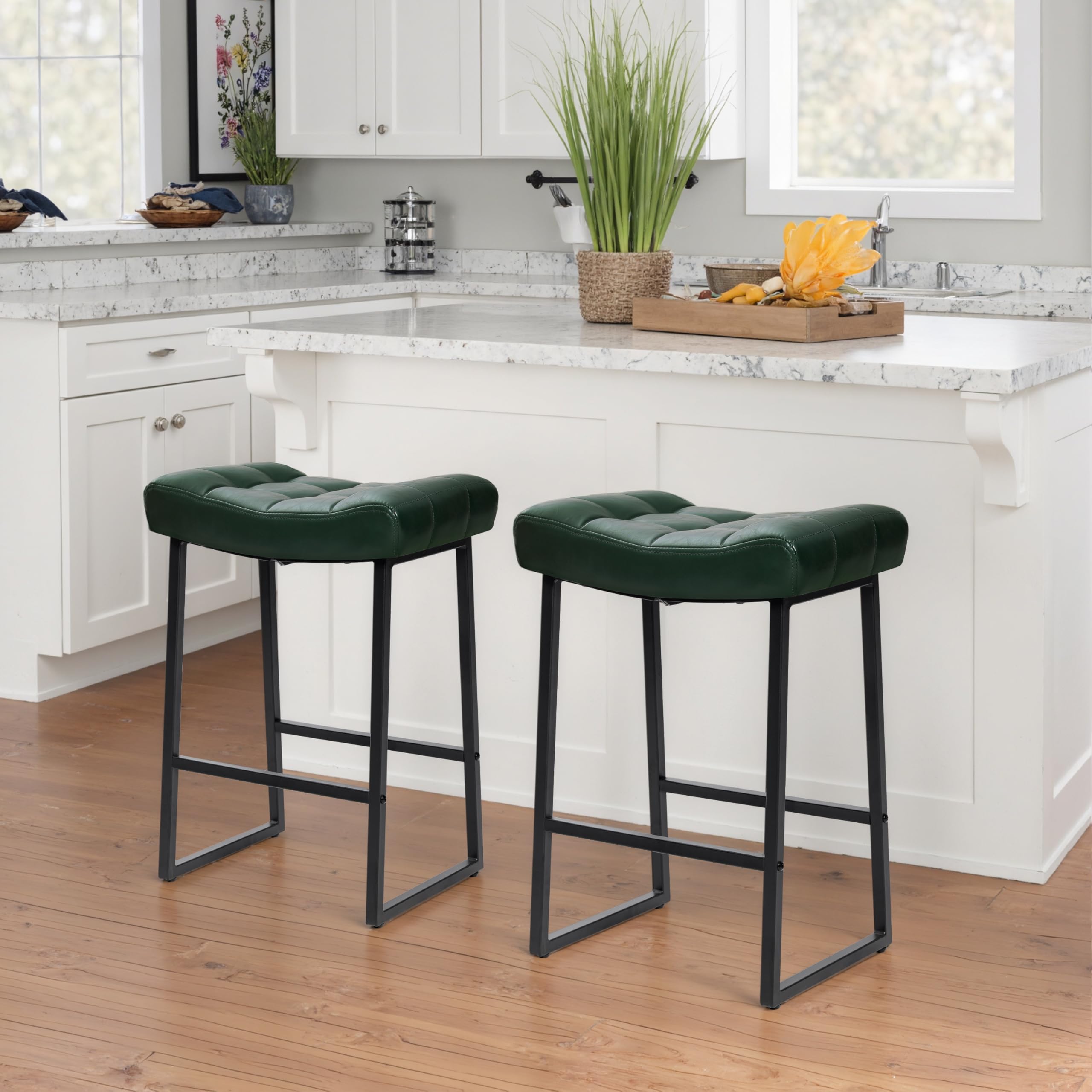 Modern Bar Stools Set of 3 for Kitchen Counter 24 inch Counter Height Backless Barstools with Upholstered Faux Leather Saddle Seat and Metal Frame Industrial Bar Chairs, Dark Green