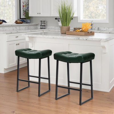 Modern Bar Stools Set of 4 for Kitchen Counter 24 inch Counter Height Backless Barstools with Upholstered Faux Leather Saddle Seat and Metal Frame Industrial Bar Chairs, Dark Green