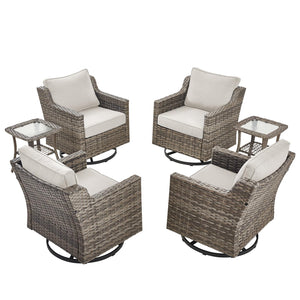 Patio Wicker Chairs Swivel Rocker-Outdoor Swivel Rocker Chair Set of 4 with All Weather Wicker Glider Rocker Set, PE Rattan Swivel Rocking Chair with 2 Side Table for Balcony Deck Porch Grey/Beige