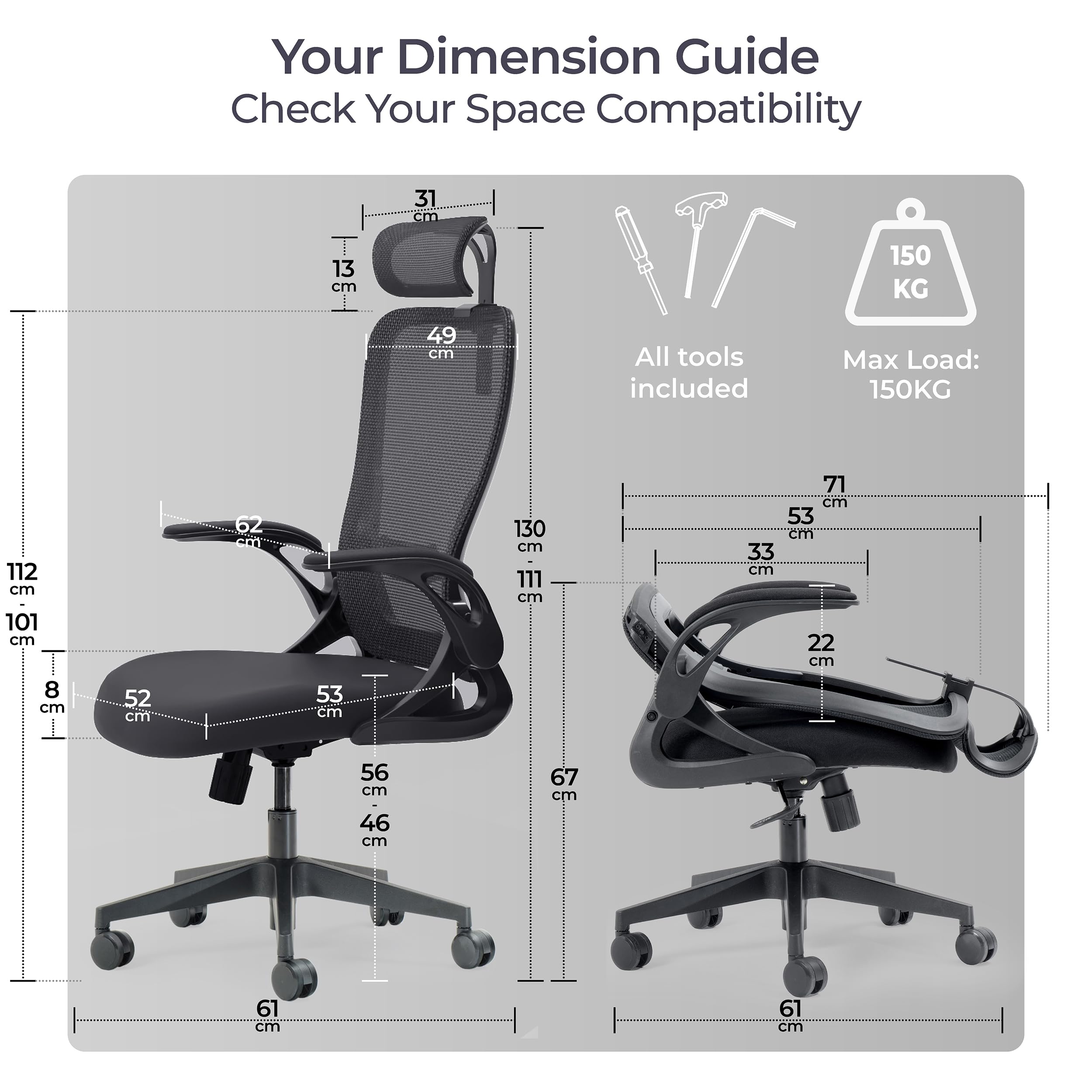 Model U | Folding Office Chair for Small Spaces | Gaming Chair for Adults & Kids | Ergonomic Mesh Computer Chair for Bedroom | Foldable Desk Chair for Home Work (Midnight Black Headrest)