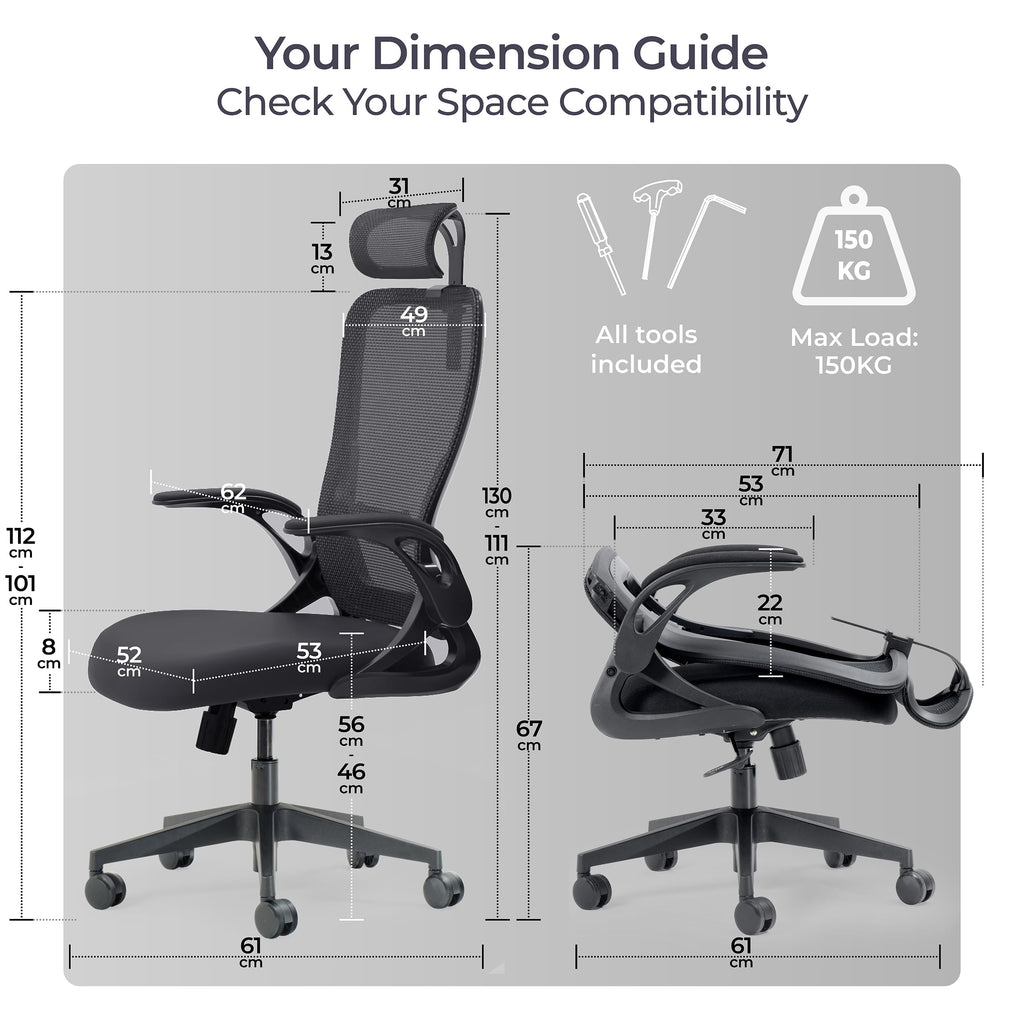 Model U | Folding Office Chair for Small Spaces | Gaming Chair for Adults & Kids | Ergonomic Mesh Computer Chair for Bedroom | Foldable Desk Chair for Home Work (Midnight Black Headrest)