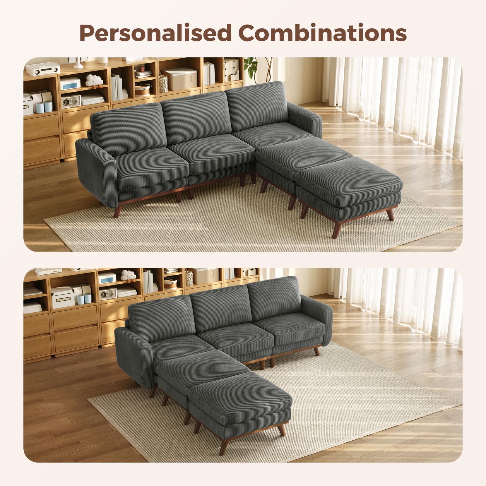97" Modular Sectional Sofa Dark Gray, U-Shaped Couch with Movable Ottoman, Comfy Corduroy Couch with Spring Cushion, Modular Sofa with Deep Seat for Living Room, Bedroom and Apartment