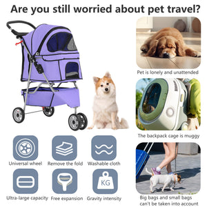 Pet Stroller 3-Wheel Durable Foldable Cat Dog Stroller with Washable Liner Storage Basket Cup Holder,Purple