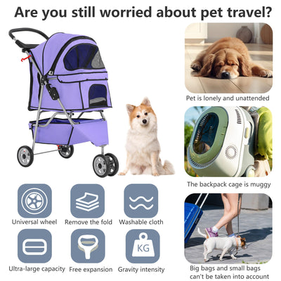 Pet Stroller 3-Wheel Durable Foldable Cat Dog Stroller with Washable Liner Storage Basket Cup Holder,Purple