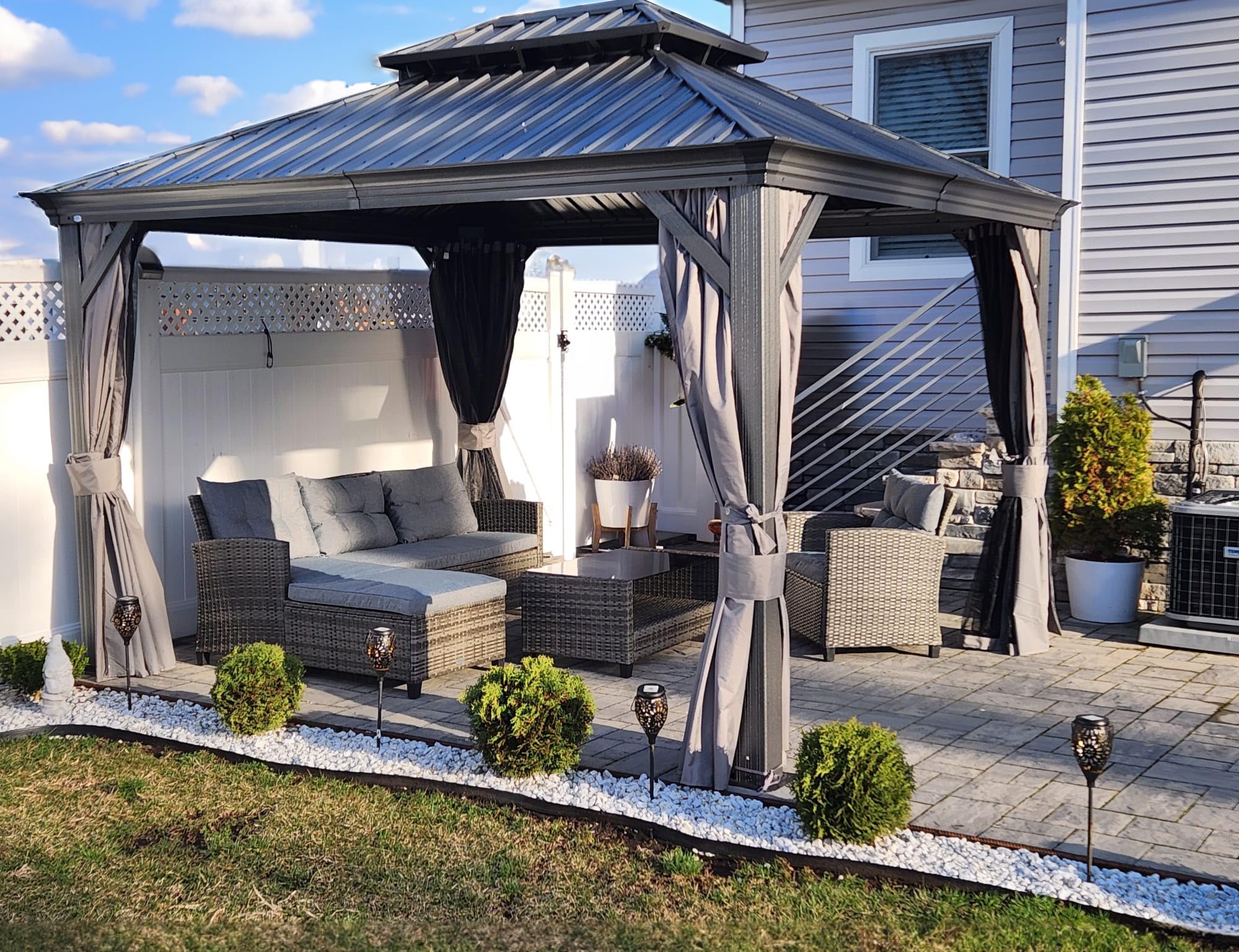 10' x 12' Hardtop Gazebo, Aluminum Frame with Galvanized Steel Double Roof, Outdoor Permanent Pavilion with Curtains and Netting for Patio, Backyard, Deck, Lawn (Gray)