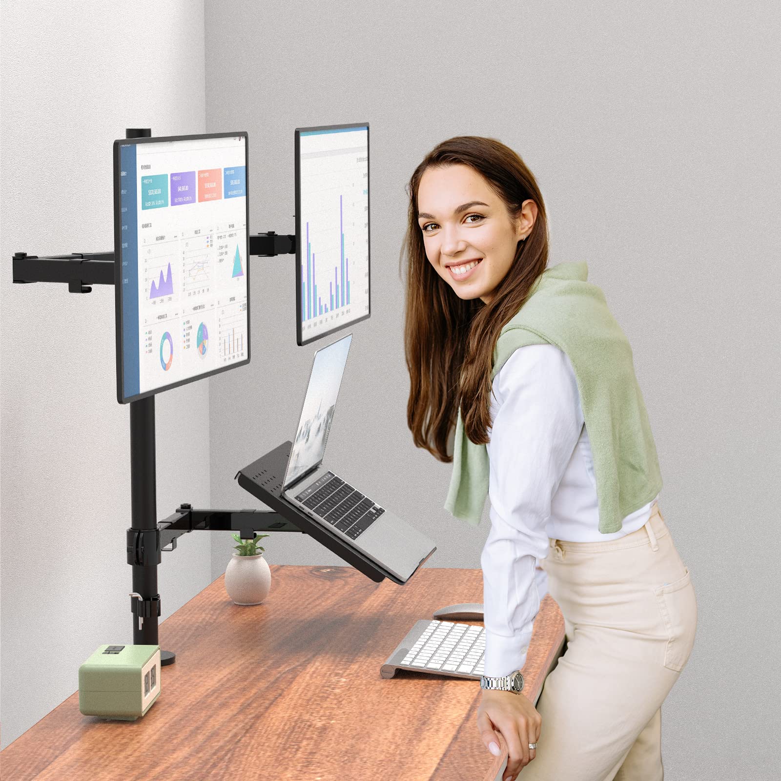 Triple Arm Laptop and Dual Monitor Desk Mount for 17" Notebook and Up to 27" Screens, Extra Tall Adjustable Monitor Stand with Laptop Tray, VESA 75x75 100x100, Black (M002XLLP)