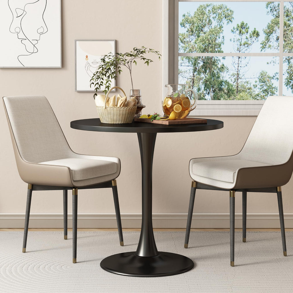 Round Dining Table 30" Circle Tulip Table with Wood Thickened Tabletop & Sturdy Metal Pedestal Mid Century Modern Leisure Bistro Kitchen Tables 4 People Small Places Living Room Cafe,Black