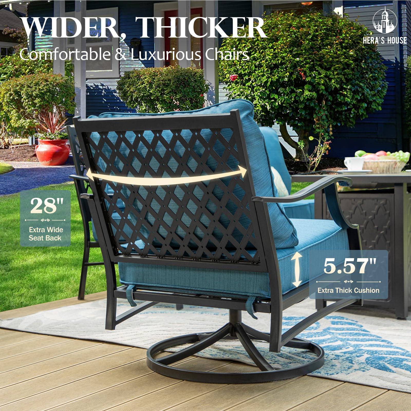 5 Piece Patio Furniture Set, 2 x Swivel Chair, 2 x Ottoman, 1 x 3-Seat Sofa, All Cushioned 7 Seats Metal Outdoor Conversation Set for Lawn Garden Backyard