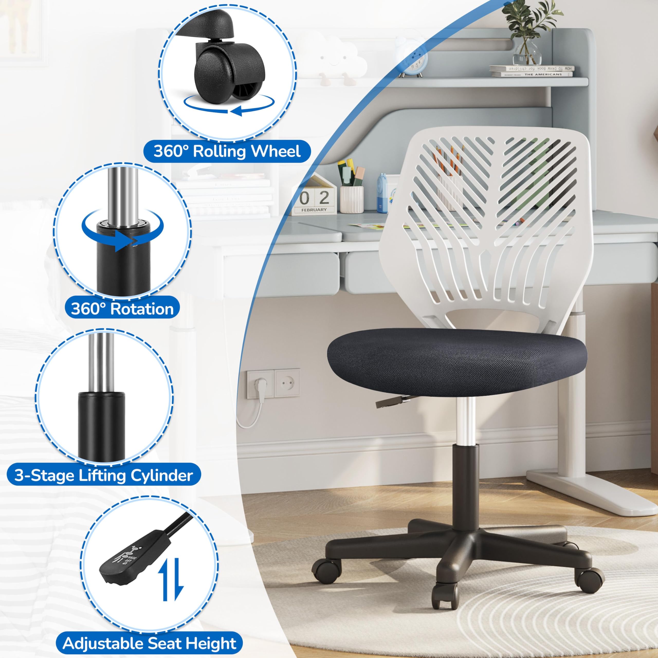 Students Cute Desk Chair Low-Back Armless Study Chair w/Lumbar Support Adjustable Swivel Chair in Home Bedroom School, Dark Gray
