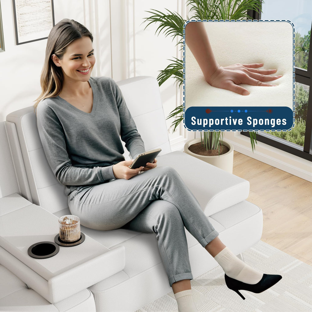 Sofa Bed Adjustable Futon Couch Sleeper Sofa Bed for Living Room, Business Office, Recliner Sofas with Cup Holders (PU Leather, White)