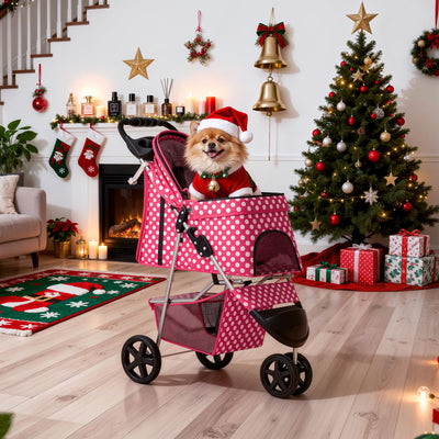 3 Wheels Pet Dog Cat Stroller for Small Medium Dogs Cats, Foldable Jogger Stroller w/Storage Basket and Cup Holder, Hot Pink Polka Dots