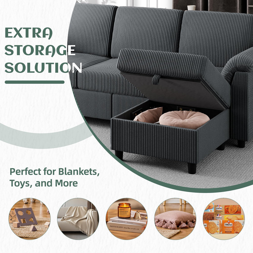 Convertible Sectional Sofa Couch, 3 Seat L Shaped Sofa with Removable Pillows Soft Corduroy Fabric Small Couch Mid Century for Living Room, Apartment and Office, Dark Grey
