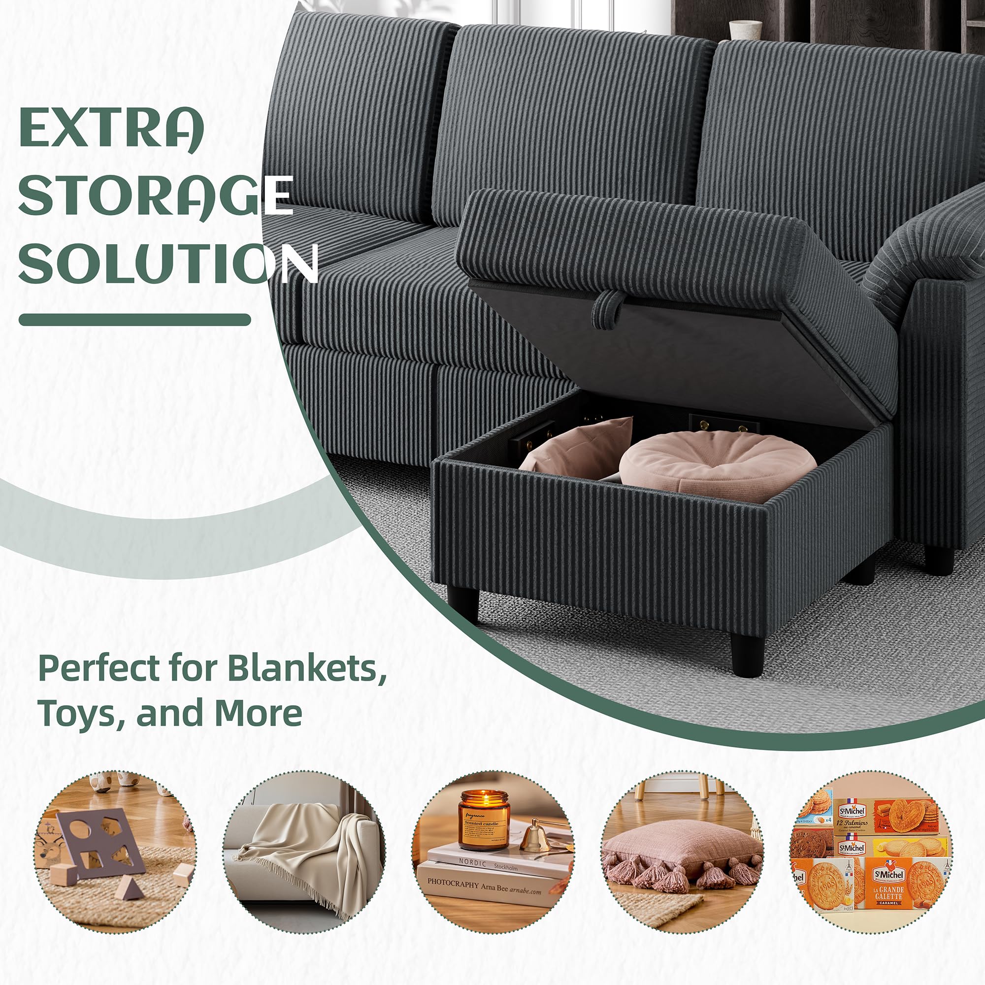 Convertible Sectional Sofa Couch, 3 Seat L Shaped Sofa with Removable Pillows Soft Corduroy Fabric Small Couch Mid Century for Living Room, Apartment and Office, Dark Grey