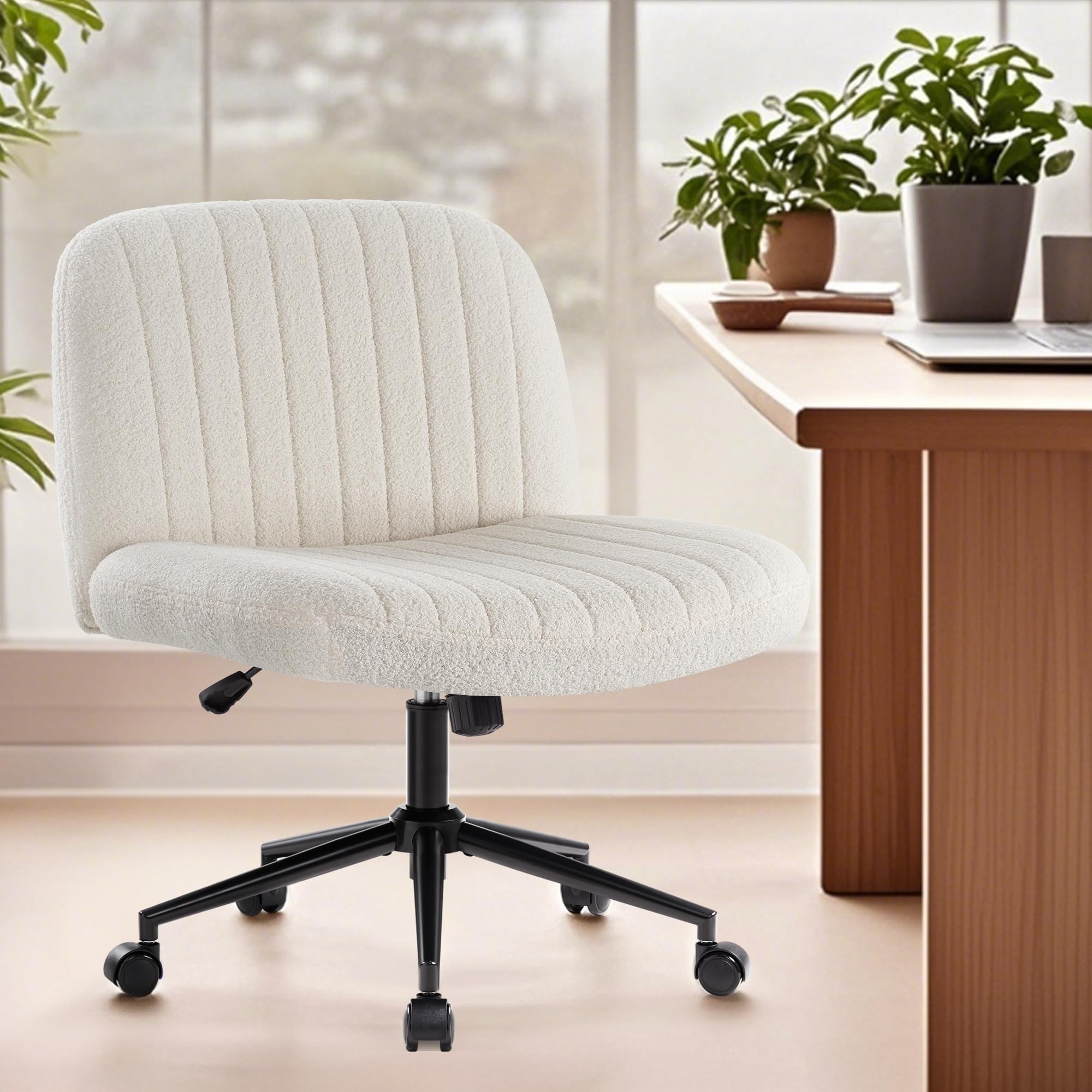 Criss Cross Chair Cross Legged Office Chair with Wheels Armless Wide Seat Desk Chairs Height Adjustable Computer Task Chairs Swivel Vanity Chair for Home Office Bedroom Make Up Teddy Fabric White