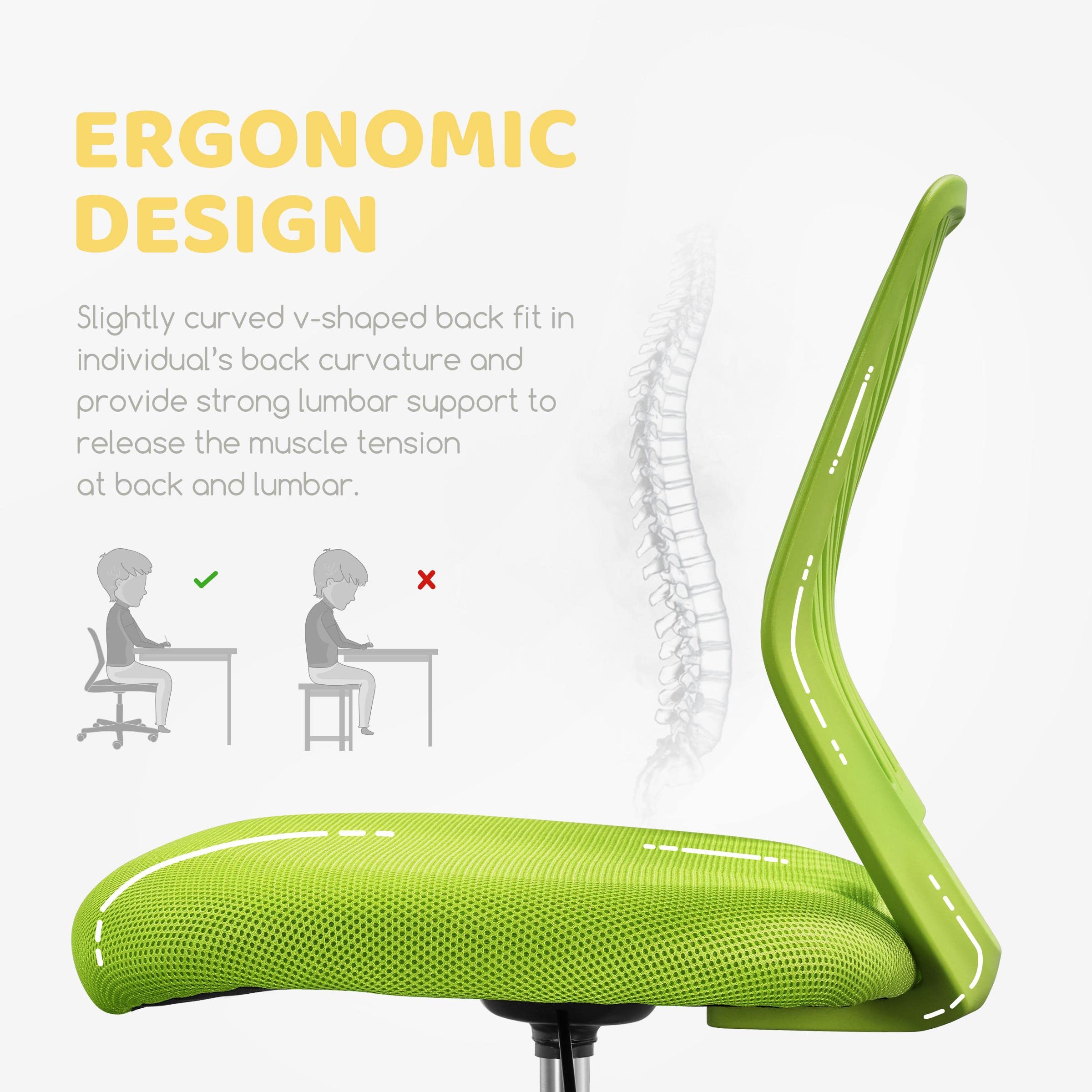 Kids Cute Desk Chair Armless Small Computer Chair with Lumbar Support for Teens Low-Back Bedroom School, Green
