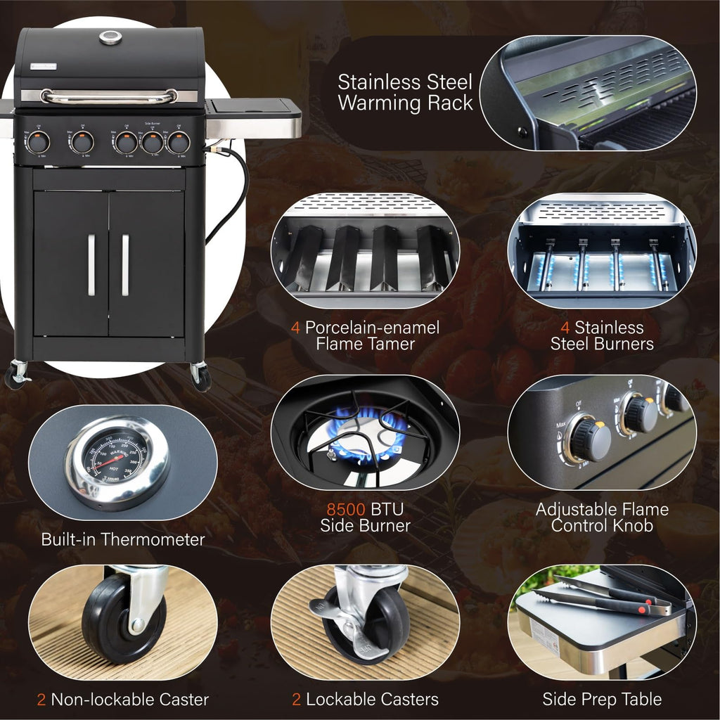4-Burner Gas BBQ Grill with Side Burner & Porcelain-Enameled Cast Iron Grates, Outdoor Cooking Propane Grills Cabinet Style Garden Barbecue Grill, 46,700BTU, Black