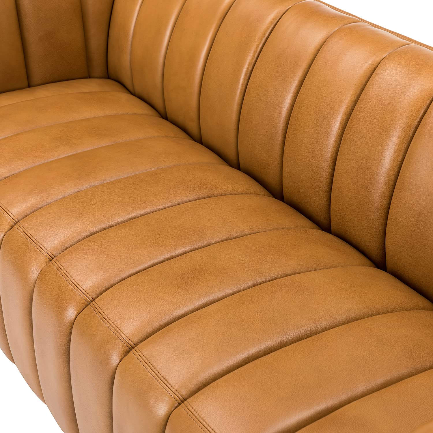 83" Genuine Leather Sofa with Channel Tufted Design, 3-Seater Sofa for Living Room Bedroom, Modern Oversized Couch with Wood Legs, Camel