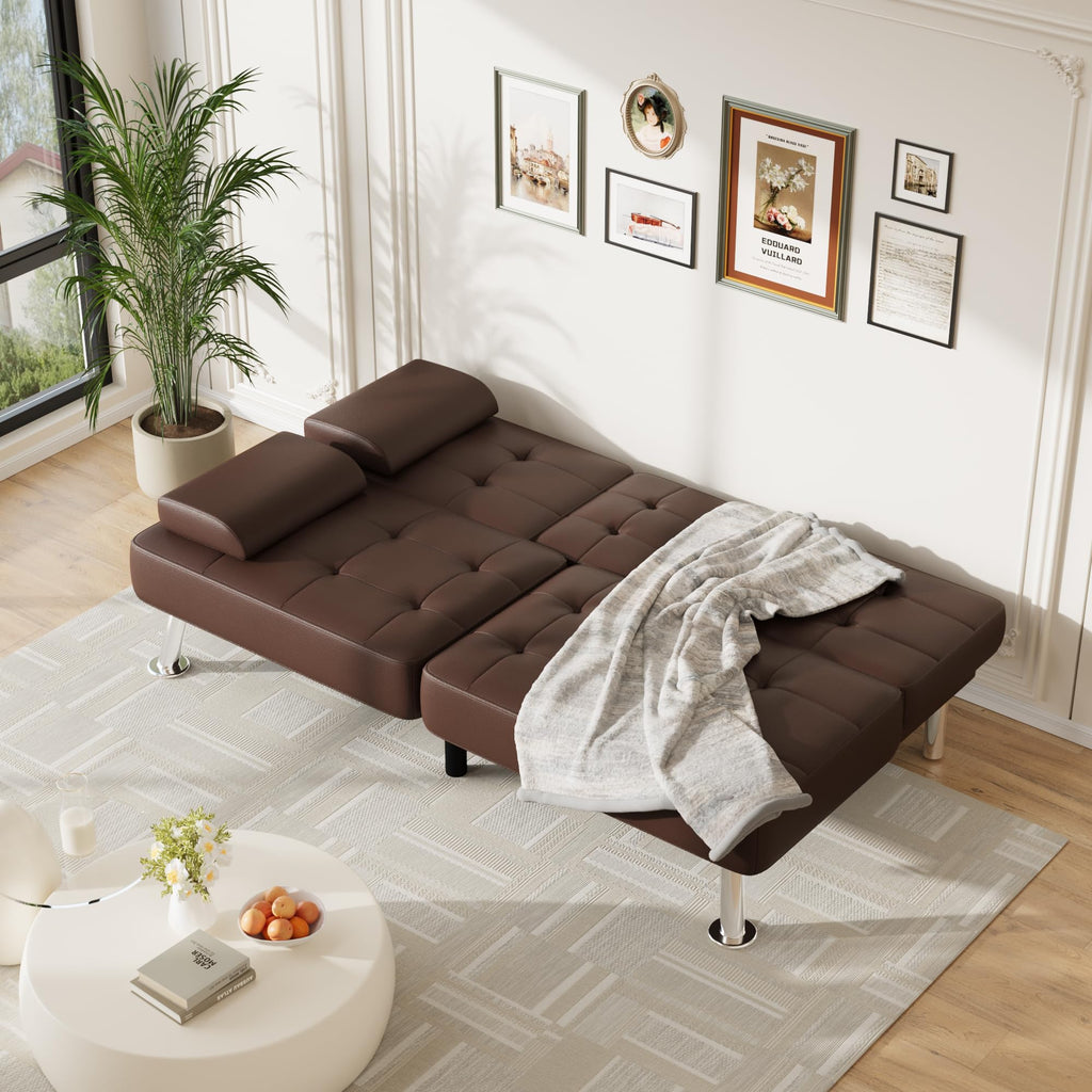 Sofa Bed Adjustable Futon Couch Sleeper Sofa Bed for Living Room, Business Office, Recliner Sofas with Cup Holders (PU Leather, Brown)