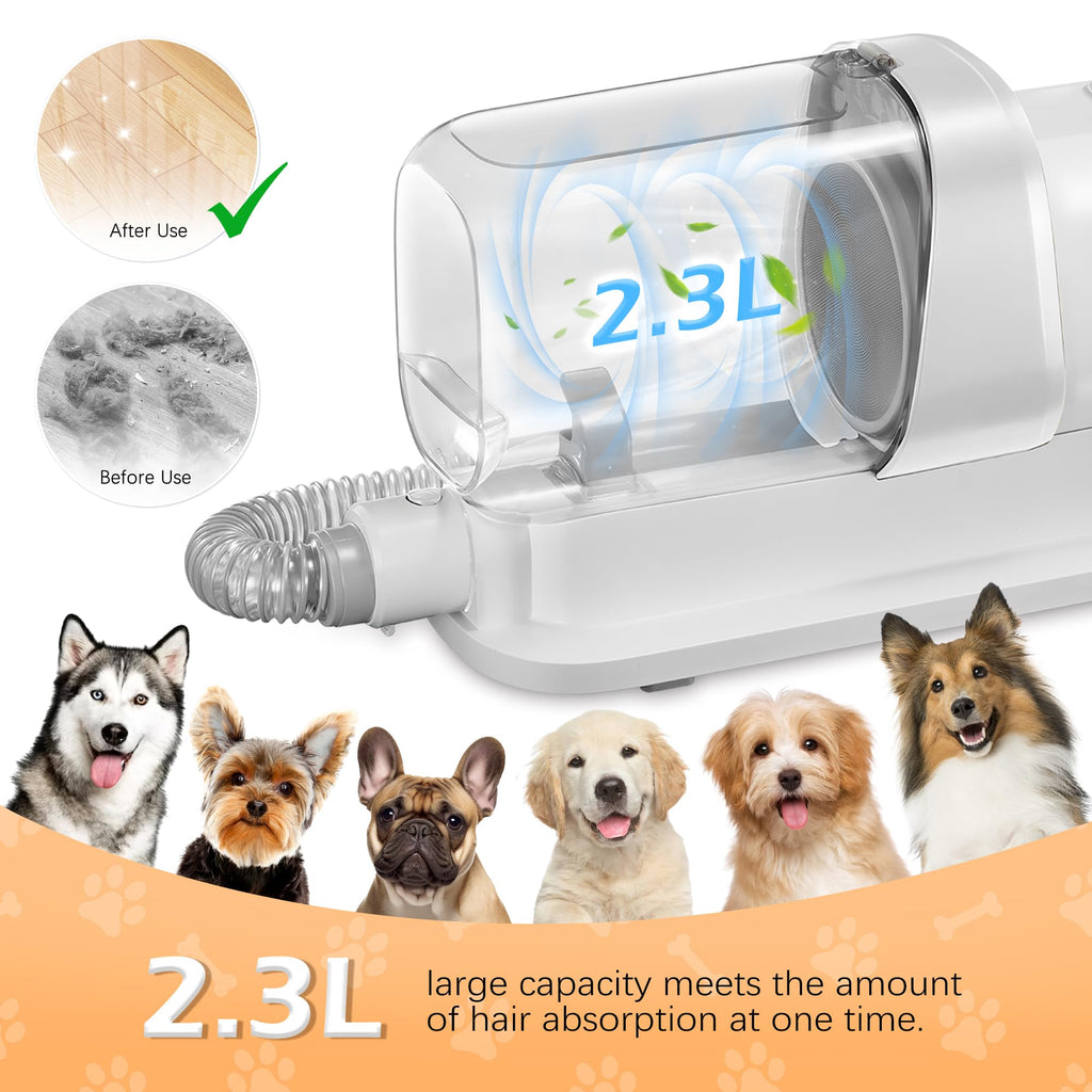 Grooming Kit with 2.3L Vacuum Suction 99% Pet Hair, Pet Grooming Vacuum Low Noise with 5 Tools and 4 Different Lengths Clipper Guards for Dog Cat (White)
